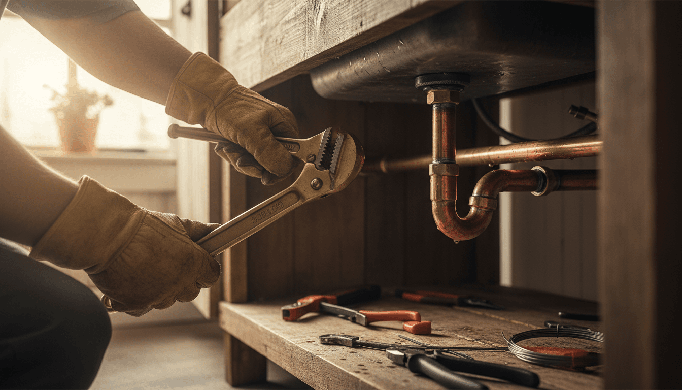 Plumber working on residential copper plumbing with professional tools