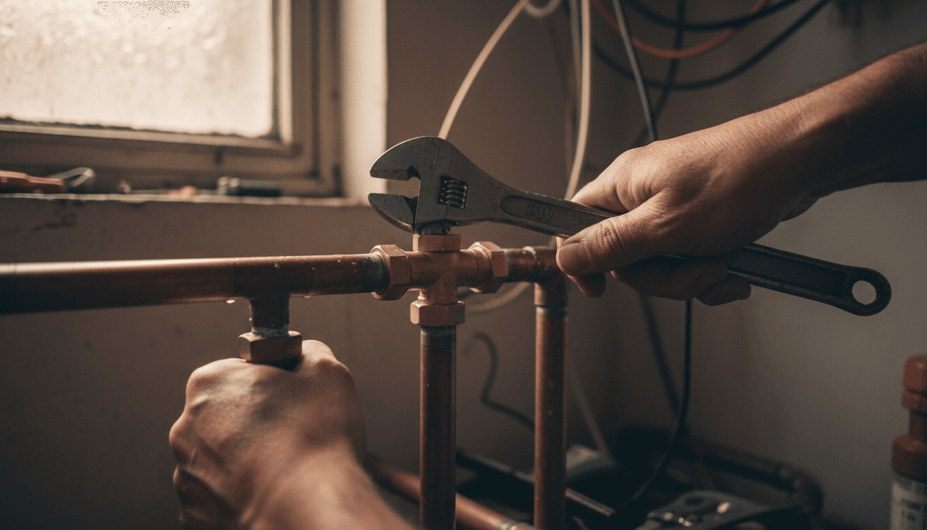 Plumber carefully working on copper pipe fitting with wrench in Fillmore home