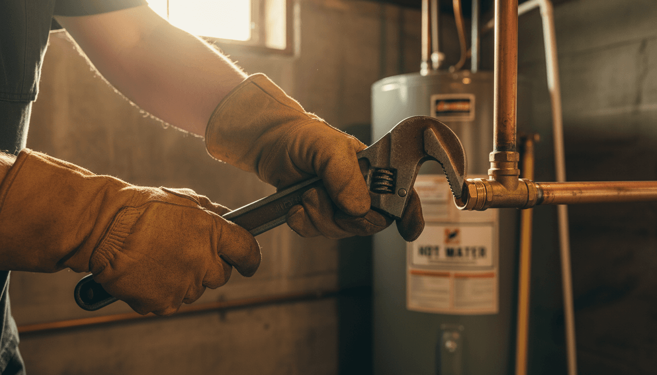 Plumber's hands tightening a copper pipe fitting with a wrench