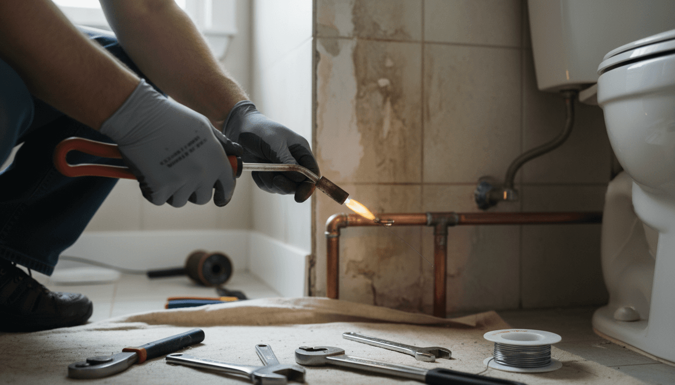 Plumber working on pipe connections in a Fillmore home